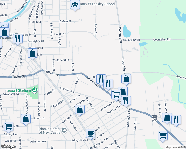 map of restaurants, bars, coffee shops, grocery stores, and more near 1035 Frew Mill Road in New Castle