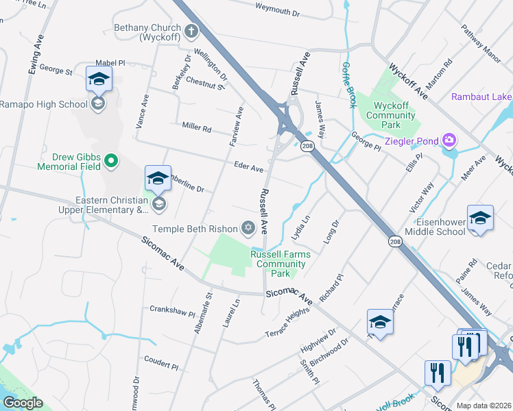 map of restaurants, bars, coffee shops, grocery stores, and more near 504 Harvest Ct in Wyckoff