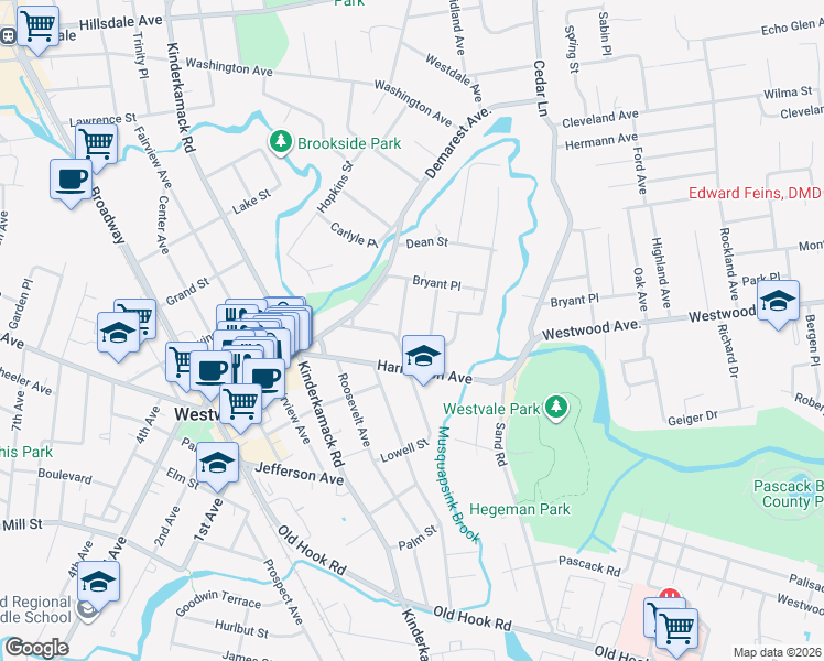 map of restaurants, bars, coffee shops, grocery stores, and more near 2 Lockerby Lane in Westwood