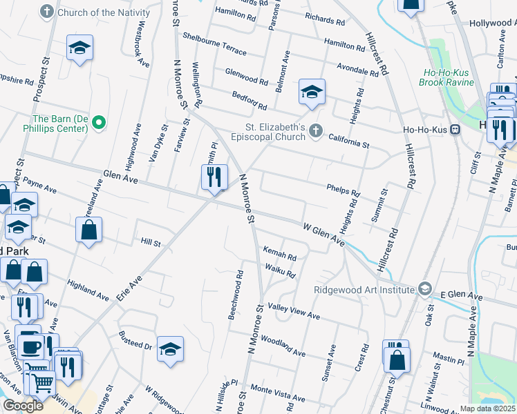 map of restaurants, bars, coffee shops, grocery stores, and more near 255 W Glen Ave in Ridgewood