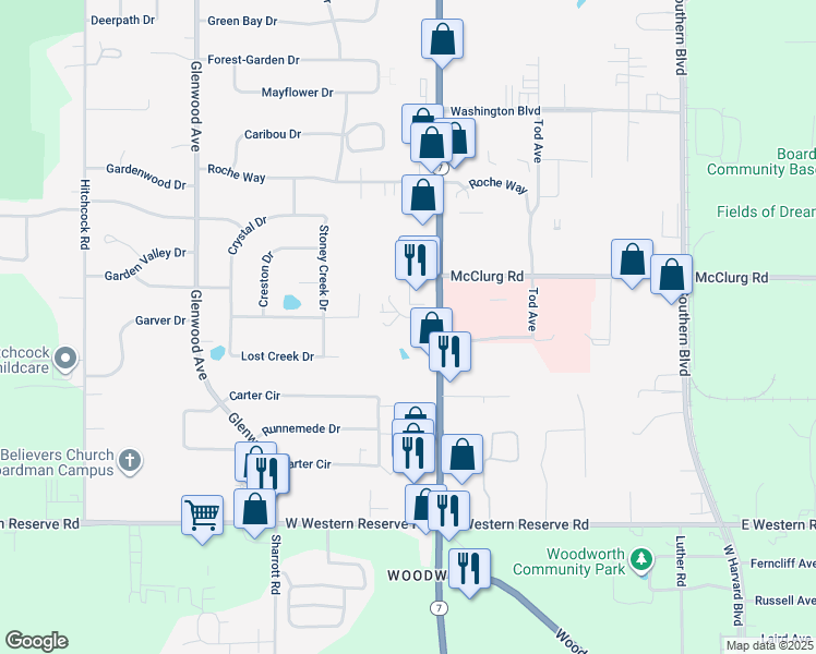 map of restaurants, bars, coffee shops, grocery stores, and more near 8430 Market Street in Boardman
