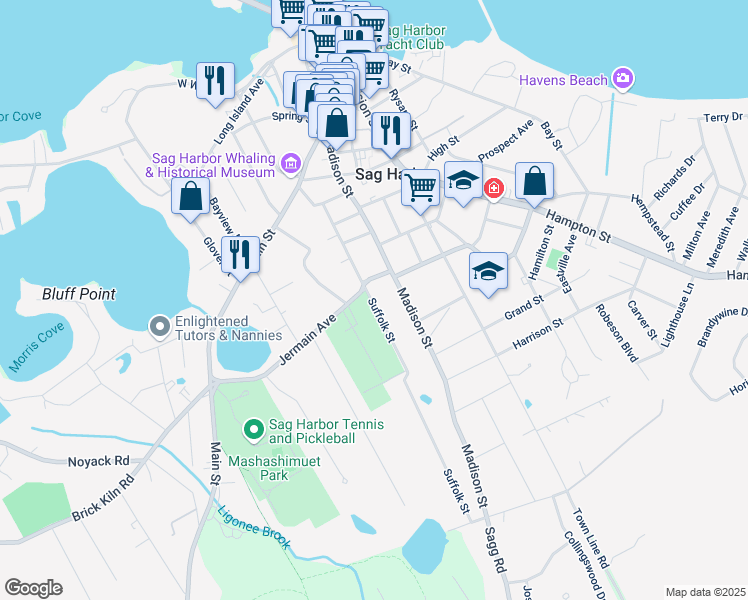 map of restaurants, bars, coffee shops, grocery stores, and more near 79 Suffolk Street in Sag Harbor
