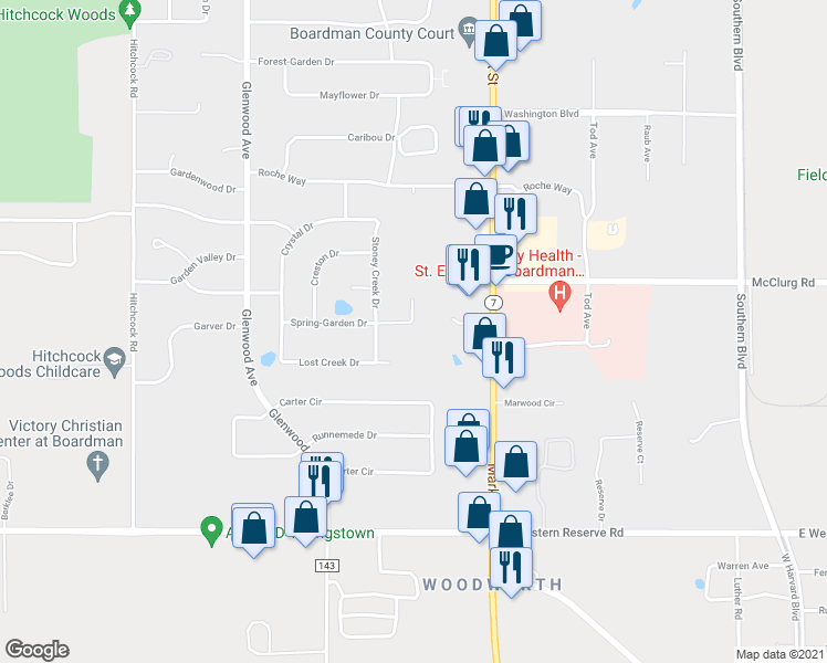 map of restaurants, bars, coffee shops, grocery stores, and more near 75 Spring-Garden Court in Youngstown