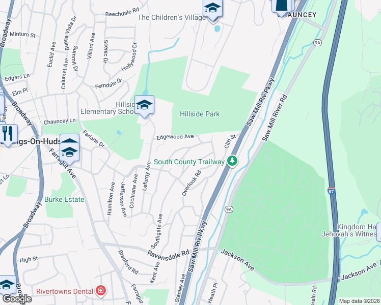 map of restaurants, bars, coffee shops, grocery stores, and more near 9 Horner Avenue in Hastings-on-Hudson
