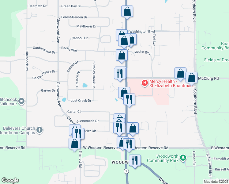 map of restaurants, bars, coffee shops, grocery stores, and more near 8430 Market Street in Boardman