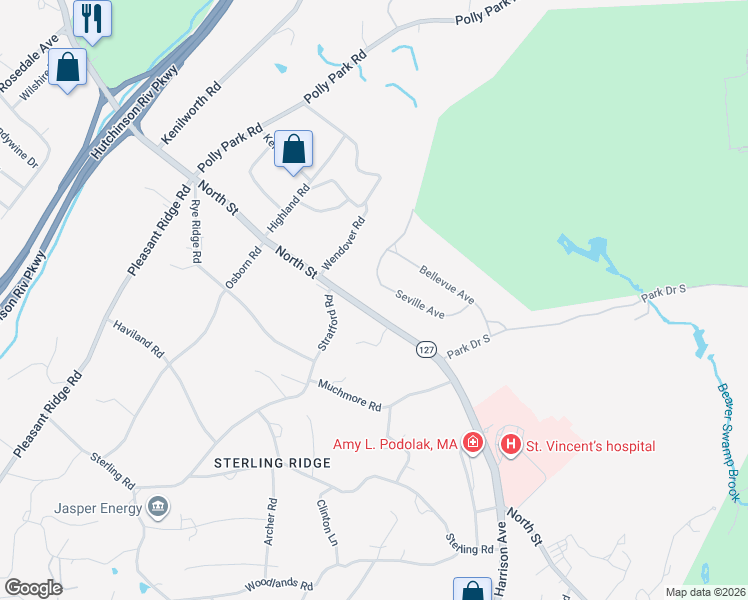 map of restaurants, bars, coffee shops, grocery stores, and more near 28 Seville Avenue in Rye