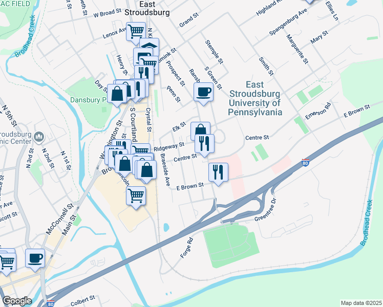 map of restaurants, bars, coffee shops, grocery stores, and more near 130 Center Street in East Stroudsburg