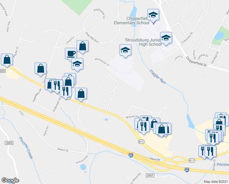 map of restaurants, bars, coffee shops, grocery stores, and more near 5176 Mountain View Drive in Stroudsburg
