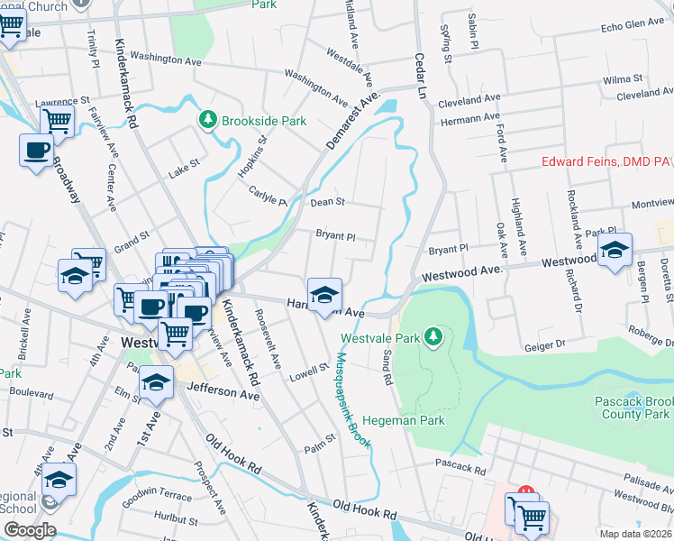 map of restaurants, bars, coffee shops, grocery stores, and more near 35 Lockerby Lane in Westwood