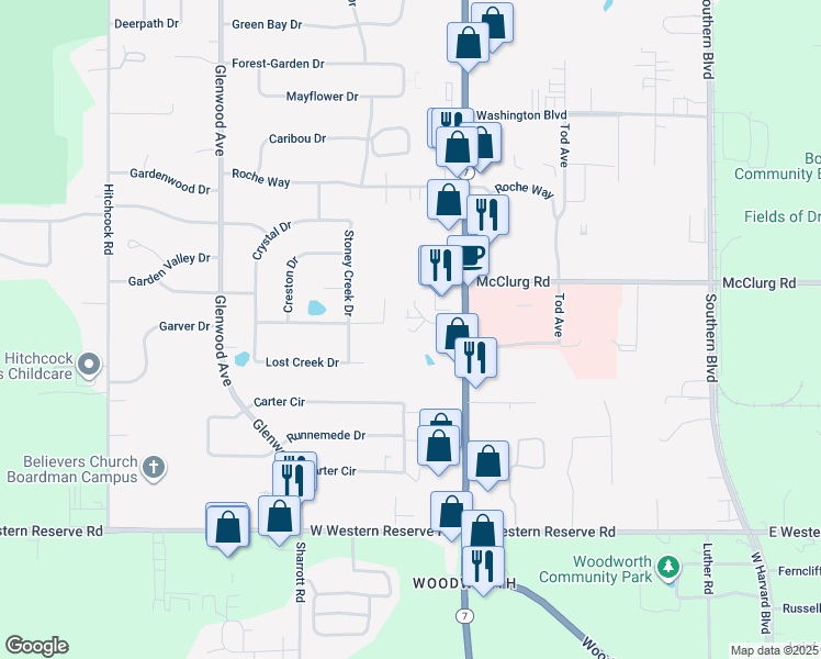 map of restaurants, bars, coffee shops, grocery stores, and more near 75 Spring-Garden Court in Youngstown