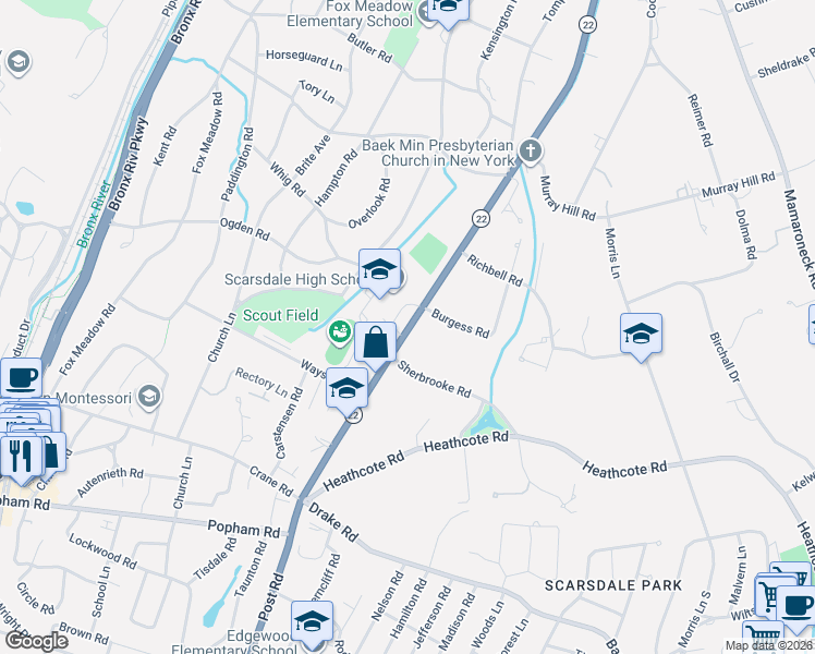 map of restaurants, bars, coffee shops, grocery stores, and more near 1055 Post Road in Scarsdale