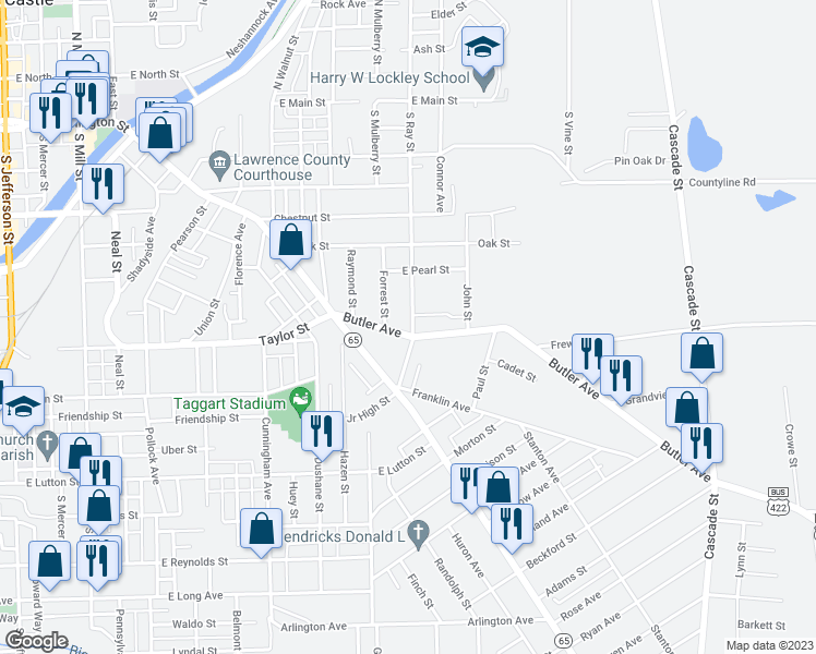 map of restaurants, bars, coffee shops, grocery stores, and more near 650 South Ray Street in New Castle