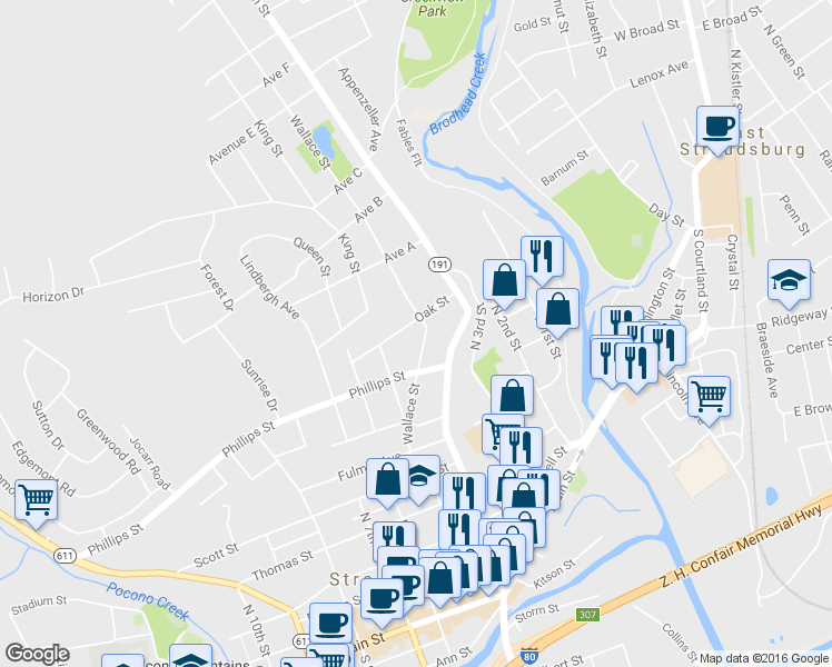 map of restaurants, bars, coffee shops, grocery stores, and more near 549 Oak Street in Stroudsburg