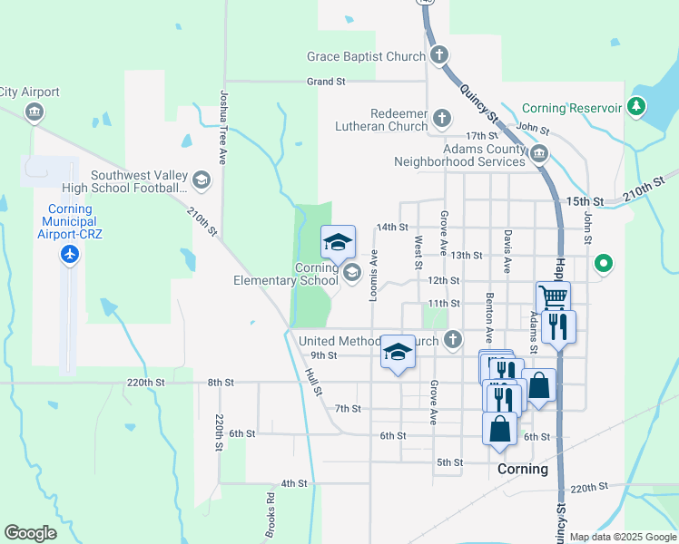map of restaurants, bars, coffee shops, grocery stores, and more near 1012 10th Street in Corning