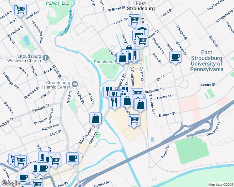 map of restaurants, bars, coffee shops, grocery stores, and more near 88 Brown Street in East Stroudsburg