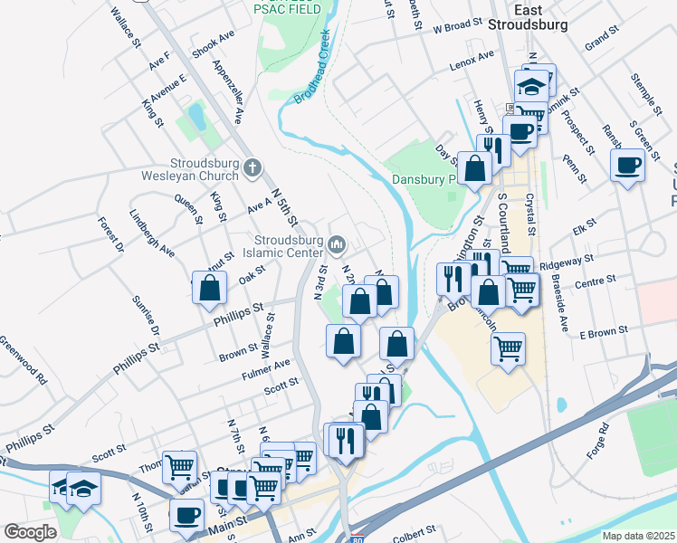 map of restaurants, bars, coffee shops, grocery stores, and more near 103 North 2nd Street in Stroudsburg