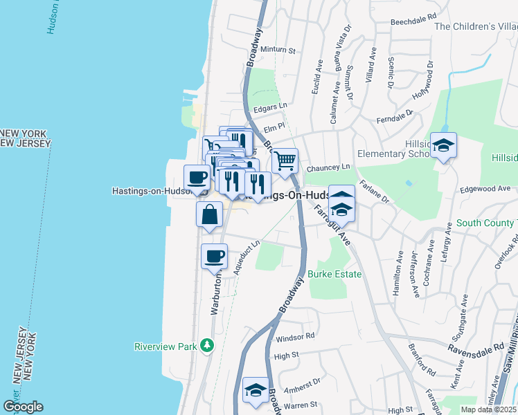map of restaurants, bars, coffee shops, grocery stores, and more near 42 Main Street in Hastings-on-Hudson