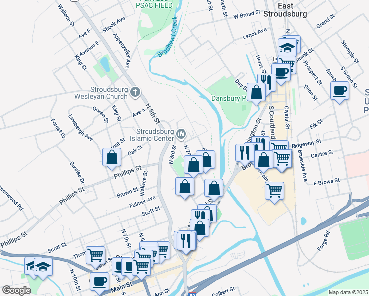 map of restaurants, bars, coffee shops, grocery stores, and more near 103 North 2nd Street in Stroudsburg