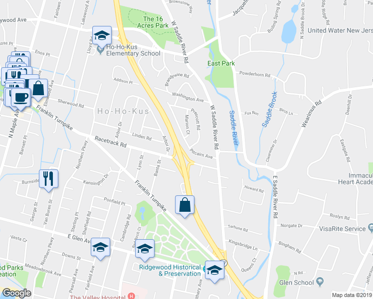 map of restaurants, bars, coffee shops, grocery stores, and more near 14 Pitcairn Avenue in Ho-Ho-Kus