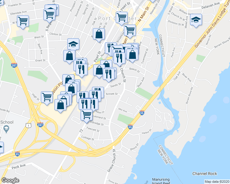 map of restaurants, bars, coffee shops, grocery stores, and more near 38 Armett Street in Port Chester