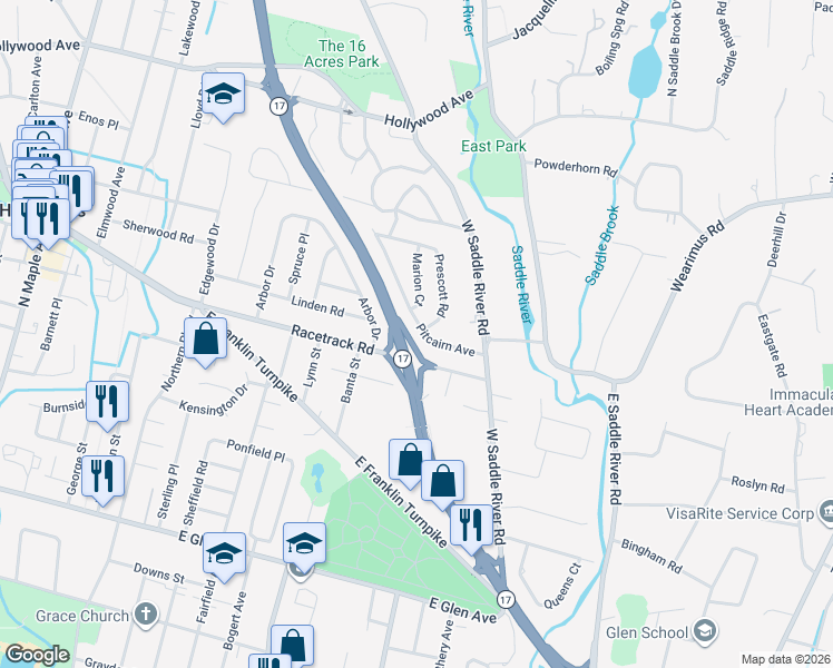 map of restaurants, bars, coffee shops, grocery stores, and more near 10 Pitcairn Avenue in Ho-Ho-Kus