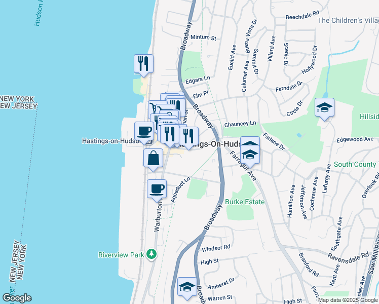 map of restaurants, bars, coffee shops, grocery stores, and more near 36 Main Street in Hastings-on-Hudson