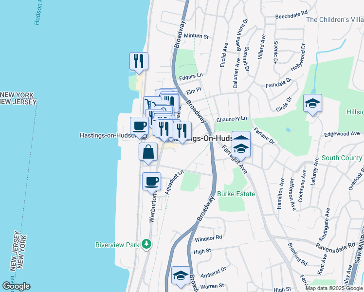 map of restaurants, bars, coffee shops, grocery stores, and more near 36 Main Street in Hastings-on-Hudson
