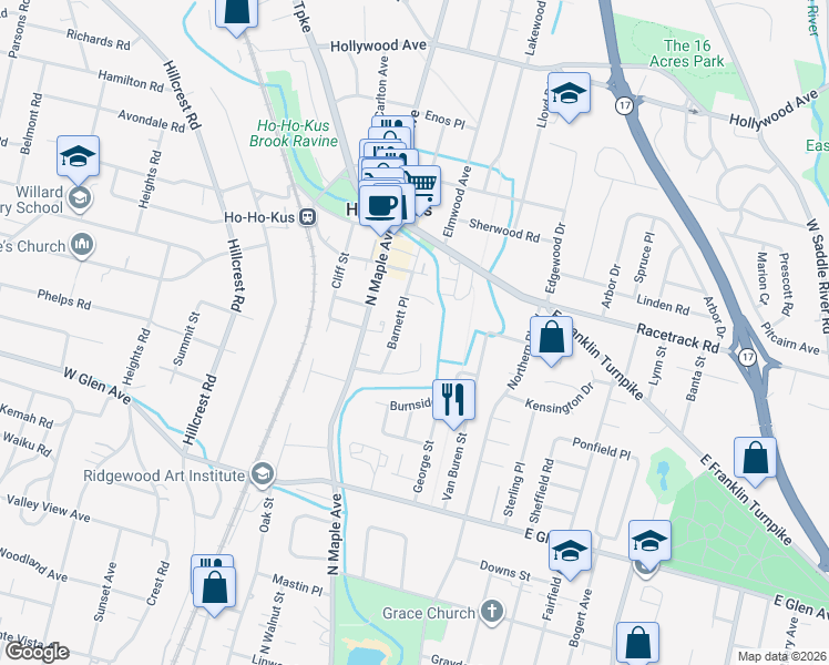 map of restaurants, bars, coffee shops, grocery stores, and more near 261 Mulberry Place in Ridgewood