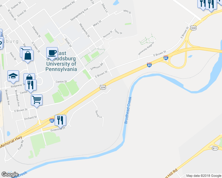 map of restaurants, bars, coffee shops, grocery stores, and more near 397 Greentree Drive in East Stroudsburg