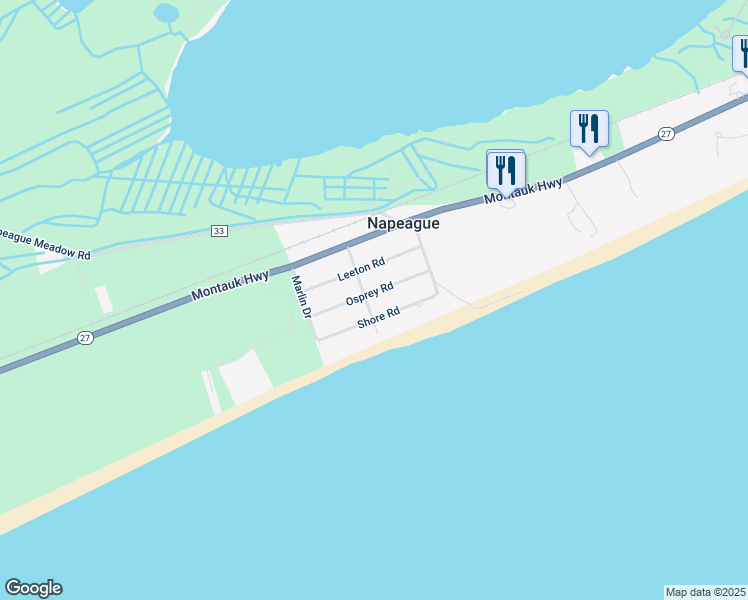 map of restaurants, bars, coffee shops, grocery stores, and more near 52 Shore Road in Amagansett