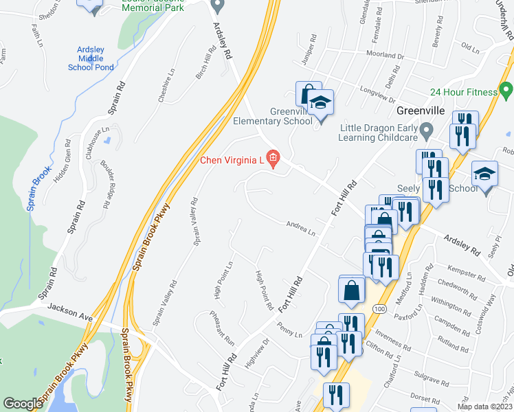 map of restaurants, bars, coffee shops, grocery stores, and more near 25 Andrea Lane in Scarsdale