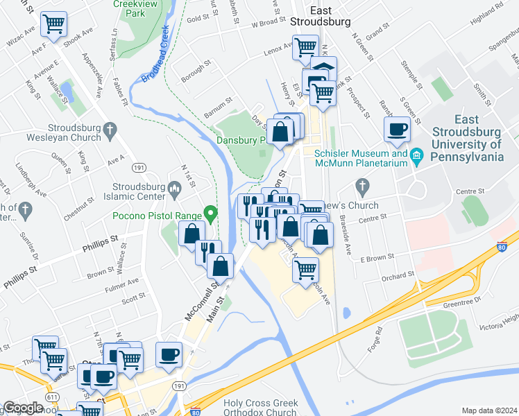 map of restaurants, bars, coffee shops, grocery stores, and more near 256 Washington Street in East Stroudsburg