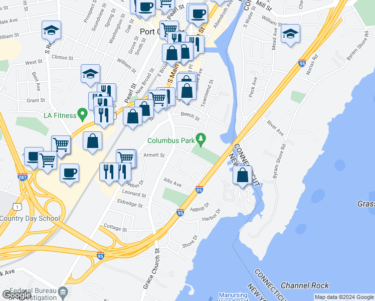 map of restaurants, bars, coffee shops, grocery stores, and more near 32 Fox Island Road in Port Chester