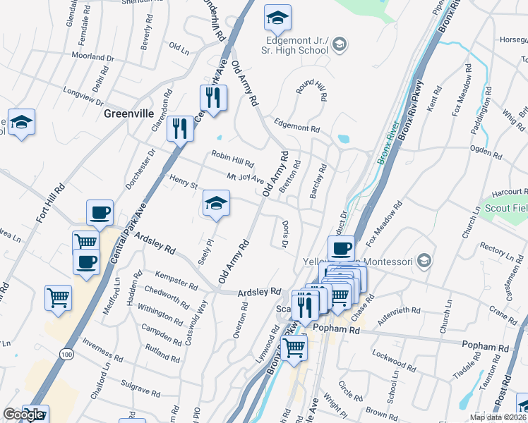 map of restaurants, bars, coffee shops, grocery stores, and more near 5 Doris Drive in Scarsdale