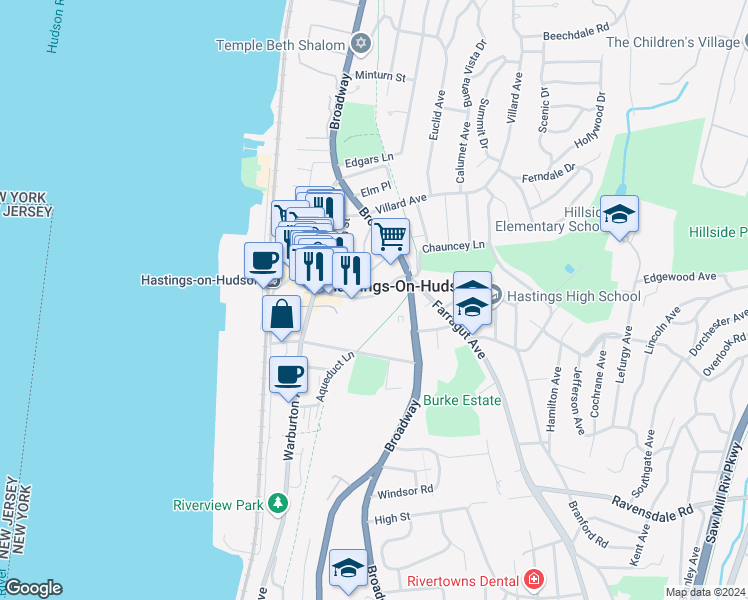 map of restaurants, bars, coffee shops, grocery stores, and more near 78 Main Street in Hastings-on-Hudson