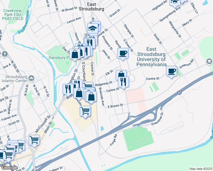 map of restaurants, bars, coffee shops, grocery stores, and more near 2 Center Street in East Stroudsburg