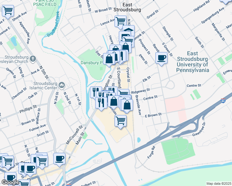 map of restaurants, bars, coffee shops, grocery stores, and more near 1-105 U.S. 209 Business in East Stroudsburg