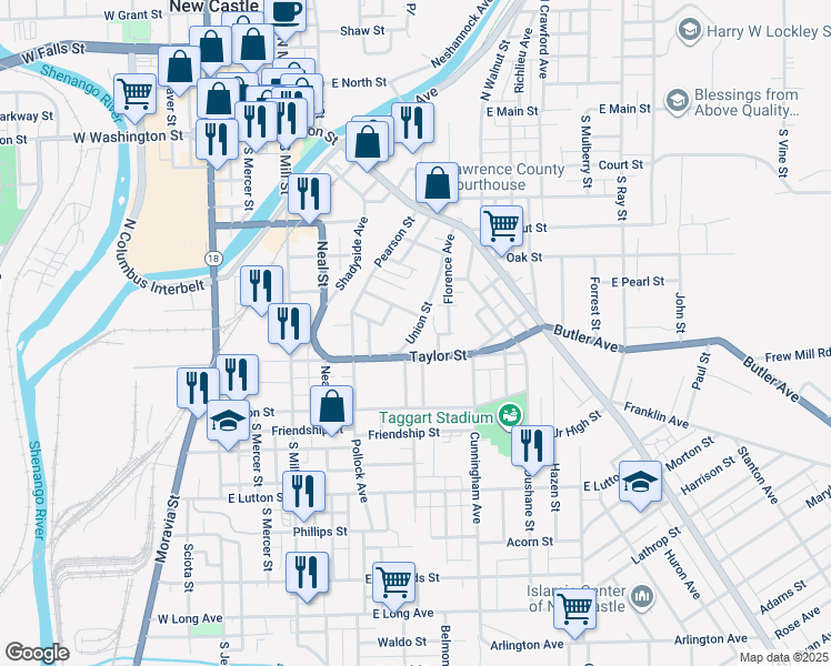 map of restaurants, bars, coffee shops, grocery stores, and more near 693 Union Street in New Castle