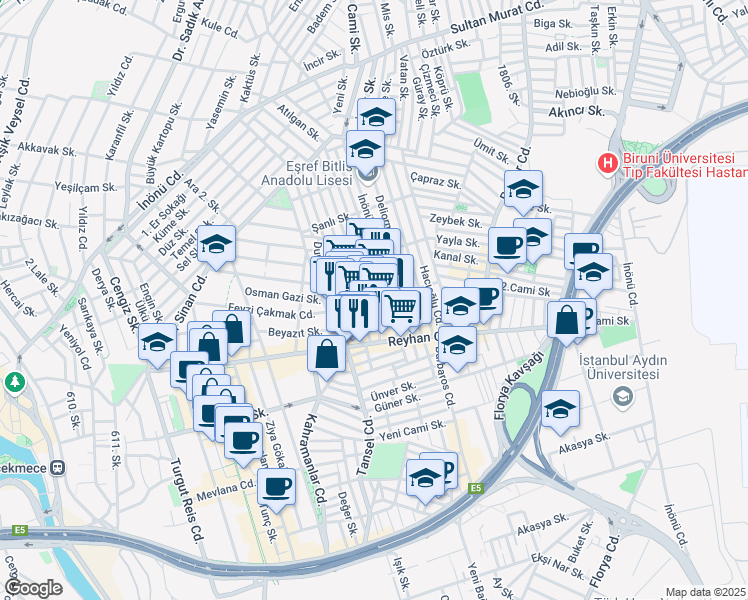 map of restaurants, bars, coffee shops, grocery stores, and more near 11 Fevzi Çakmak Caddesi in Küçükçekmece