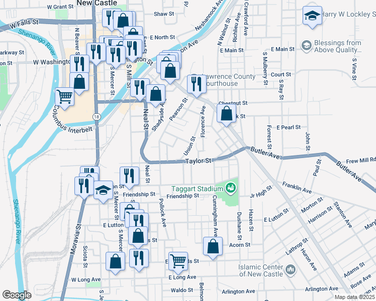 map of restaurants, bars, coffee shops, grocery stores, and more near 693 Union Street in New Castle