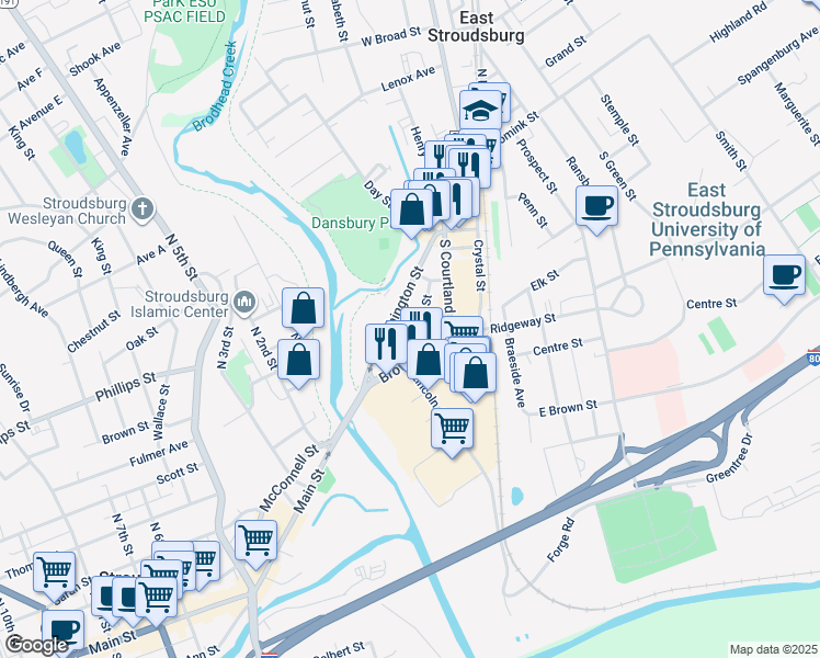 map of restaurants, bars, coffee shops, grocery stores, and more near 71 Hallet Street in East Stroudsburg