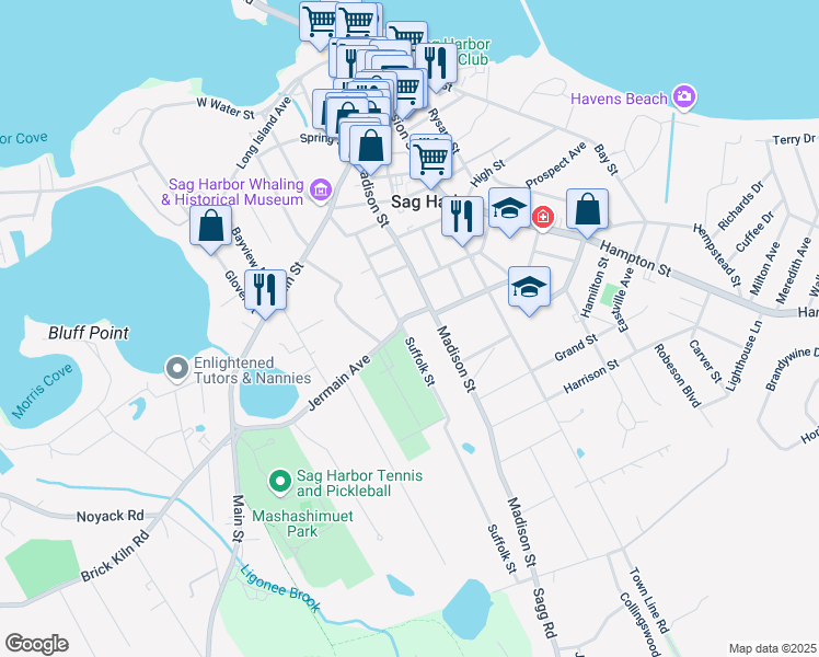 map of restaurants, bars, coffee shops, grocery stores, and more near 79 Suffolk Street in Sag Harbor