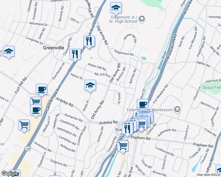map of restaurants, bars, coffee shops, grocery stores, and more near 5 Doris Drive in Scarsdale