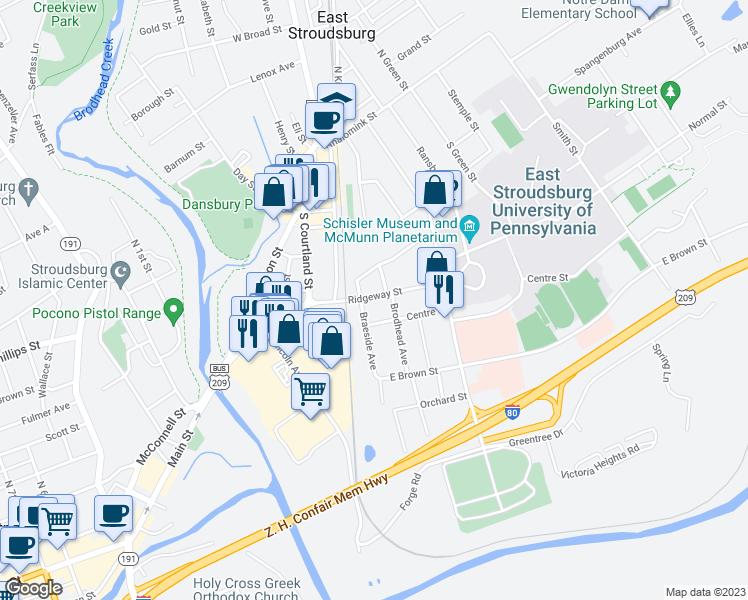 map of restaurants, bars, coffee shops, grocery stores, and more near 69 Ridgeway Street in East Stroudsburg