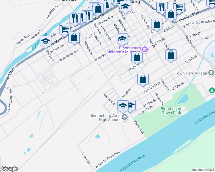 map of restaurants, bars, coffee shops, grocery stores, and more near 820 Railroad Street in Bloomsburg
