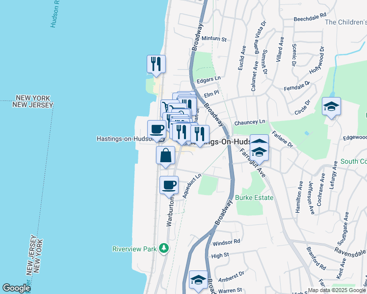map of restaurants, bars, coffee shops, grocery stores, and more near 35 Washington Avenue in Hastings-on-Hudson