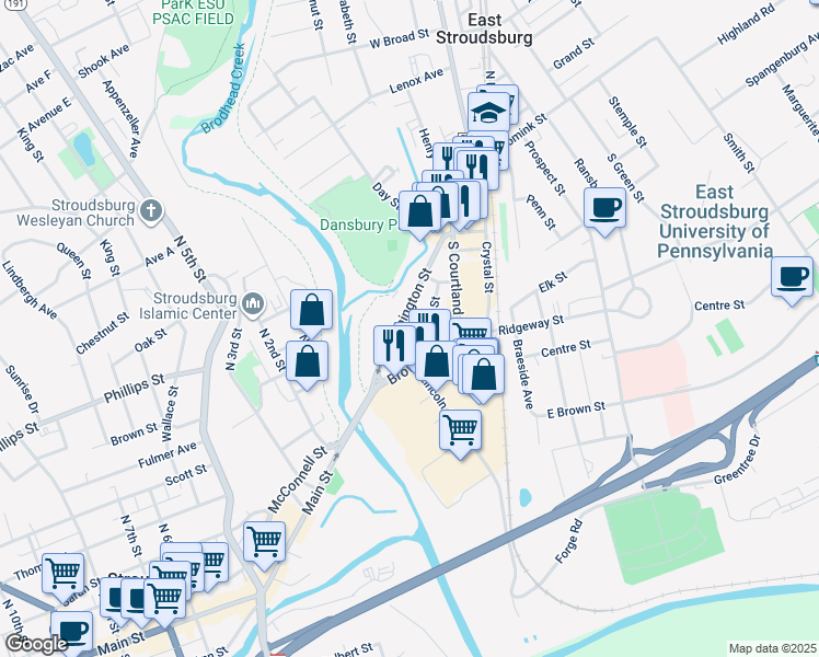 map of restaurants, bars, coffee shops, grocery stores, and more near 88 Brown Street in East Stroudsburg