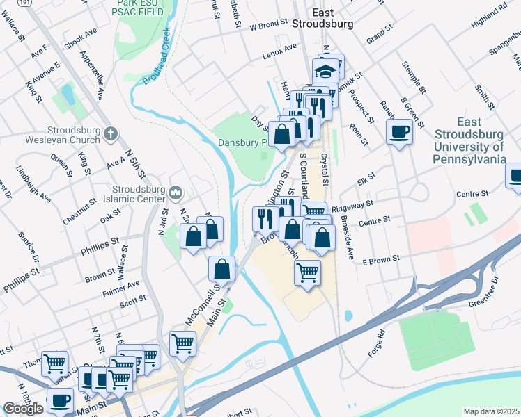 map of restaurants, bars, coffee shops, grocery stores, and more near 290 Washington Street in East Stroudsburg