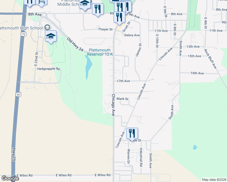 map of restaurants, bars, coffee shops, grocery stores, and more near 1510 Mark Street in Plattsmouth