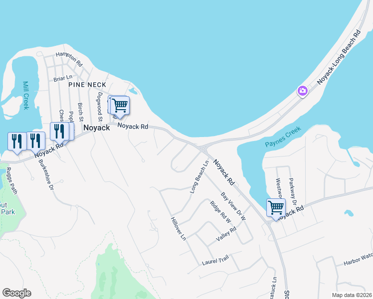 map of restaurants, bars, coffee shops, grocery stores, and more near 54 Wickatuck Drive in Sag Harbor